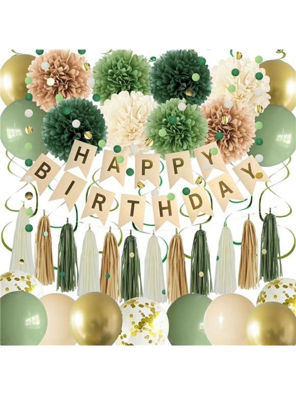 Green Birthday Party Decorations Set Banner Balloons Tassels Garland Pompoms